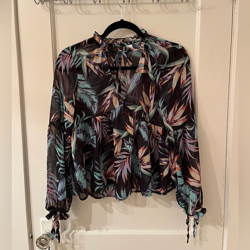 Whimsical Floral Blouse with Unique Necktie, Sheer